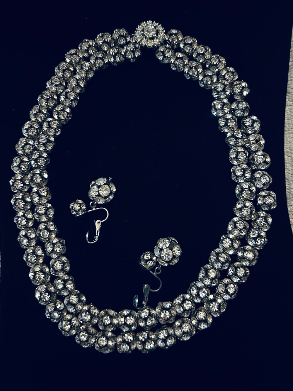 Bergere 1950’s Crystal Multi-Strand Necklace and Dangle Earrings - Silver Tone